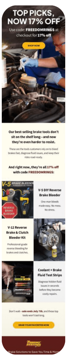 A mechanic works on a car engine, advertising a 17% off brake tool sale using code FREEDOMRINGS. Featured products include brake bleeders, clutch kits, and fluid test strips, with a yellow button to shop.