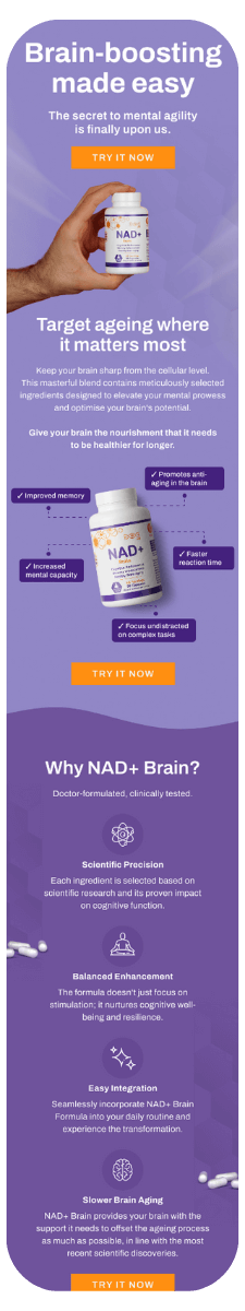 Purple-themed ad for NAD+ Brain supplement, focused on memory, mental capacity, and anti-aging benefits. A hand holds the bottle, and detailed scientific features and benefits are outlined below.
