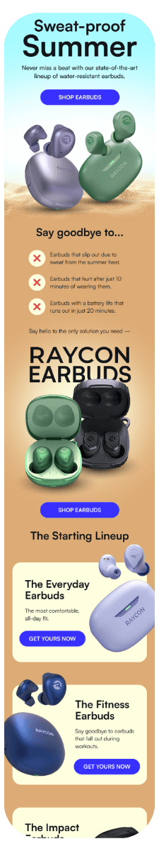 Ad for Raycon wireless earbuds featuring sweat-proof models in green, black, and lavender. Highlights product benefits like long battery life and comfort, and showcases different models for everyday, fitness, and impact use.