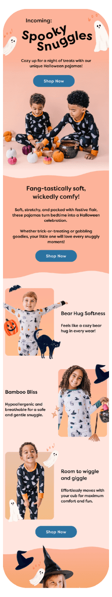 Halloween-themed ad for children’s pajamas featuring kids in festive prints surrounded by pumpkins, ghosts, and bats. Emphasizes comfort, breathability, and movement-friendly design.