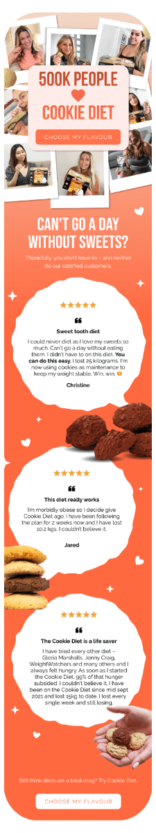 Ad for the Cookie Diet with photos of customers holding products and giving 5-star testimonials. Highlights weight loss success, sweet cravings management, and encourages users to choose a flavor.