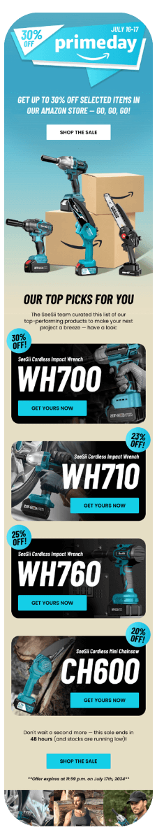 Prime Day-themed ad featuring cordless power tools like impact wrenches and mini chainsaws, with bold labels and discount percentages up to 30%. Call-to-action buttons invite users to shop limited-time deals.