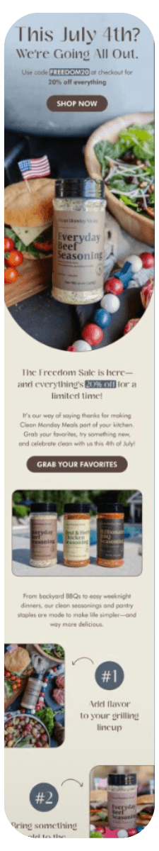 A festive picnic scene with burgers, salad, and seasoning jars promotes a 20% off July 4th sale on clean kitchen spices. Code FREEDOM20 is shown, alongside product images and usage ideas.