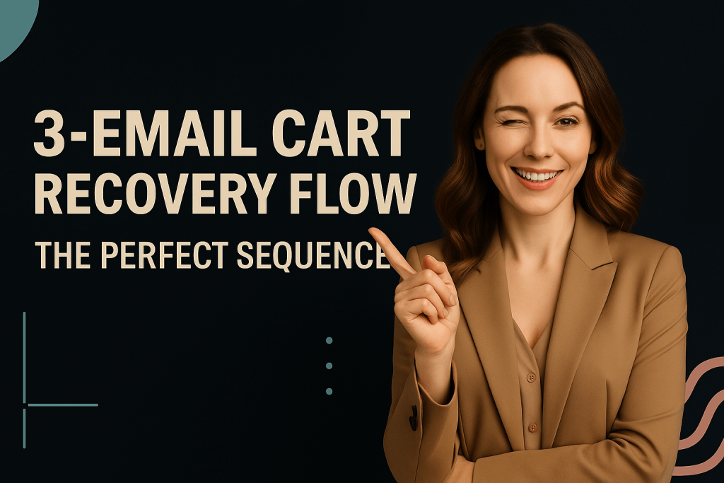 Confident woman in a brown suit winking and pointing to bold text that reads “3-Email Cart Recovery Flow – The Perfect Sequence” on a dark background, promoting effective eCommerce cart recovery strategies.