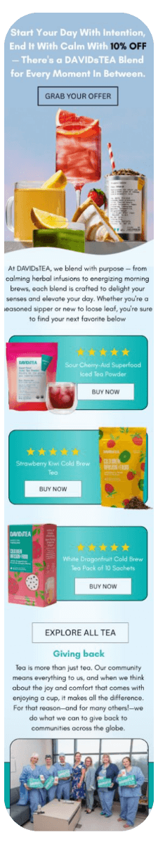 Bright tea drinks in glasses and colorful packages advertise a 10% off sale on DAVIDsTEA blends. Products include cold brew and iced tea powders, with reviews and a message about giving back.