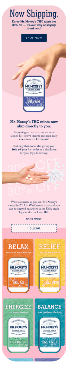 Pink-themed ad introducing Mr. Moxey’s THC mints with 30% off for new customers. A hand holds a mint tin labeled “Dream,” followed by four colorful flavor options: Relax, Relief, Energize, and Balance.