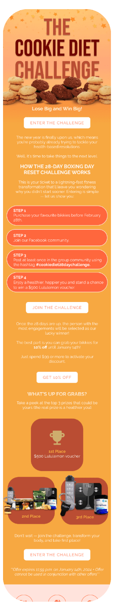 Orange ad promoting a 28-day fitness challenge called The Cookie Diet, featuring steps to join, a $500 Lululemon prize, and images of cookies, health snacks, and challenge rewards.