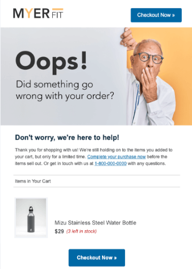 Abandoned cart email from MYERFIT showing an elderly man with a surprised expression and the text “Oops! Did something go wrong with your order?” encouraging users to complete purchase of a Mizu Stainless Steel Water Bottle.