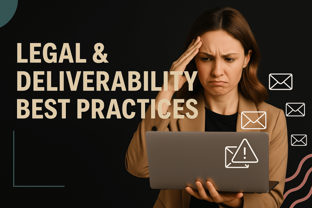 Concerned woman holding a laptop with alert and envelope icons around her, next to the headline “Legal & Deliverability Best Practices,” emphasizing compliance and email deliverability in eCommerce campaigns.