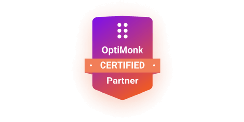 Colorful gradient badge labeled "OptiMonk Certified Partner," signifying verified expertise in conversion rate optimization tools for eshop support.