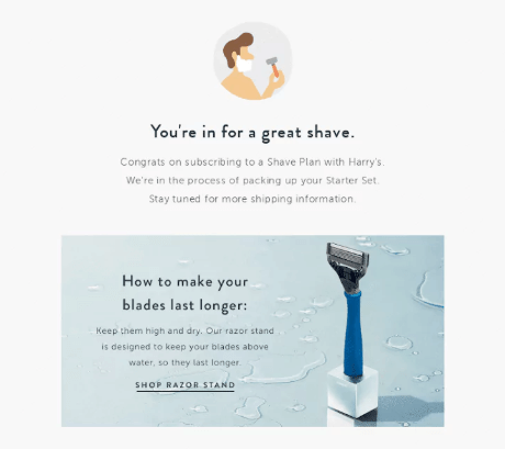 Email confirmation from Harry’s featuring a razor on a stand with tips on how to make blades last longer, following a subscription to the Shave Plan Starter Set.