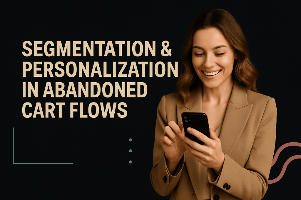 Smiling woman in a tan blazer using a smartphone next to the headline “Segmentation & Personalization in Abandoned Cart Flows,” highlighting smart targeting tactics for eCommerce recovery emails.