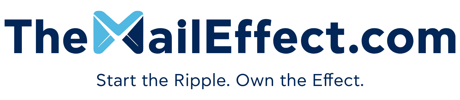 Logo for email marketing agency TheMailEffect.com, featuring a blue envelope icon forming the "M" in "MailEffect". Tagline reads "Start the Ripple. Own the Effect." in white text against a black background.