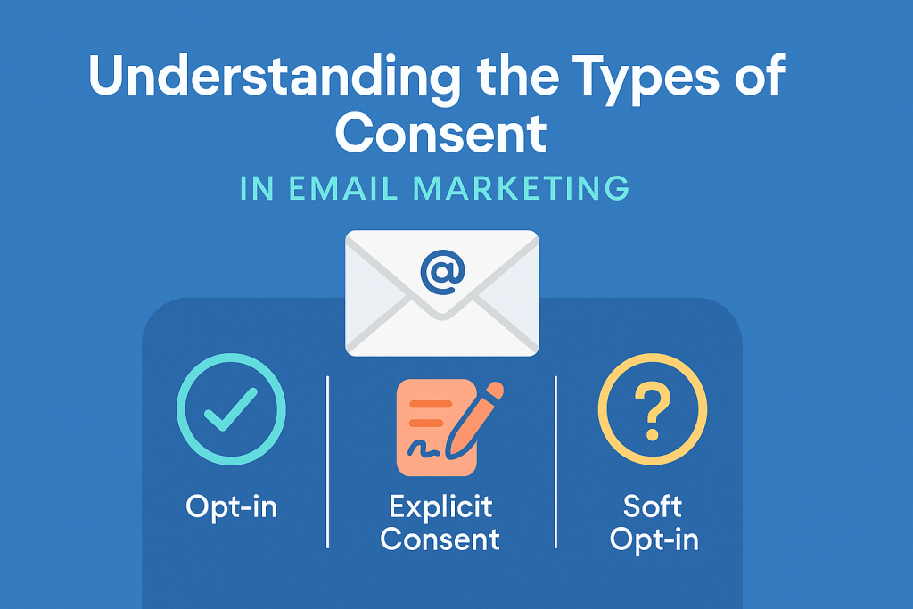 Infographic titled "Understanding the Types of Consent in Email Marketing" featuring icons for Opt-in with a checkmark, Explicit Consent with a signed form, and Soft Opt-in with a question mark, illustrating the different permission types used in compliant email marketing campaigns.