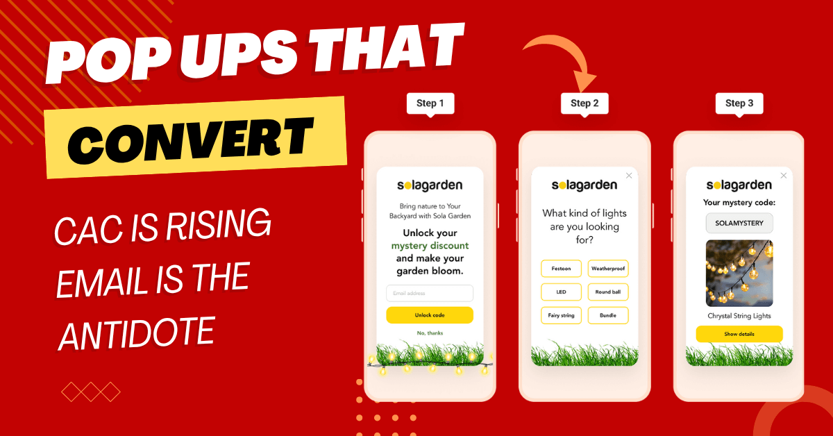 Promotional graphic showing a 3-step email capture popup for SolaGarden, with bold red and yellow design emphasizing conversion and email strategy.
