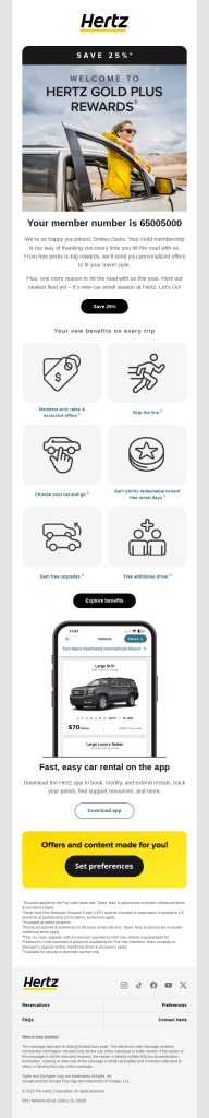 Welcome series emails for ecommerce brands – Hertz Gold Plus Rewards welcome email highlighting 25% savings, member ID personalization, and loyalty benefits such as upgrades, points, and skipping the line.