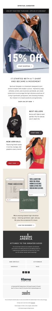 Welcome series emails for ecommerce brands – Spiritual Gangster welcome email with 15% off incentive, brand storytelling, product imagery, and charity partnership with Feeding America.
