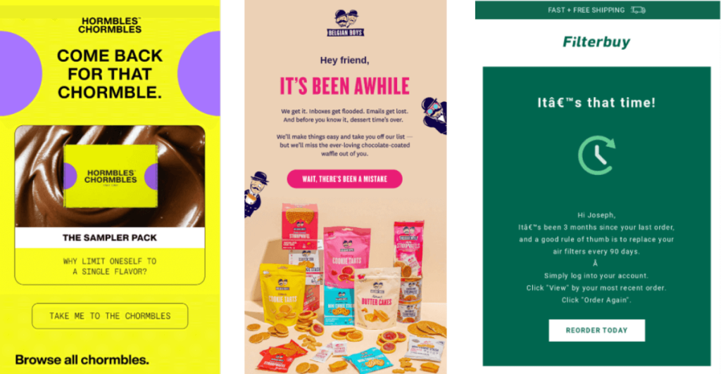 Bright yellow email for Hormbles Chormbles candy, with playful text: “Come back for that chormble.” Shows a yellow sampler pack on a chocolate swirl background. Buttons read “Take me to the Chormbles” and “Browse all chormbles.”