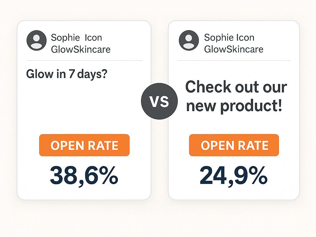 Side-by-side comparison of two email subject lines from GlowSkincare shows different open rates. "Glow in 7 days?" achieved a 38.6% open rate, while "Check out our new product!" got 24.9%, emphasizing how curiosity-based subject lines perform better.