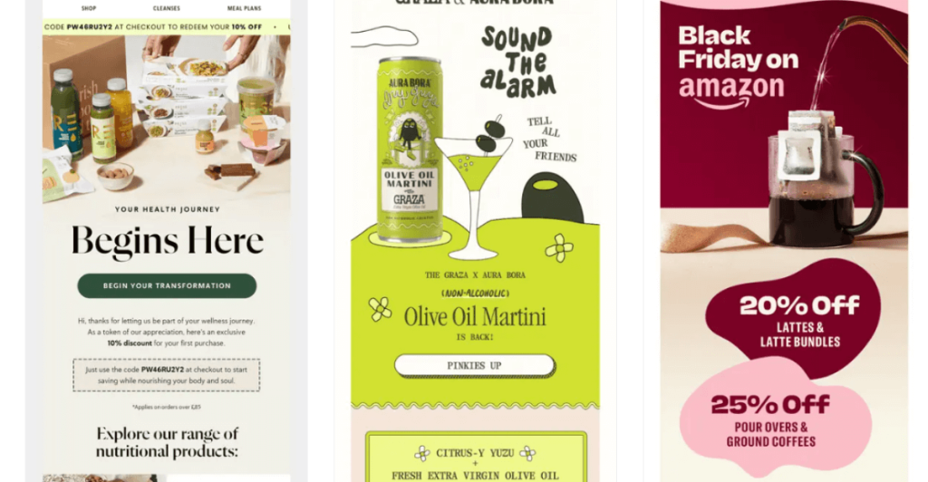 Three email-style promotional ads side by side. The first promotes a wellness brand offering 10% off using code PW46RU2Y2, with various nutrition drinks and snacks displayed. The second advertises the return of a non-alcoholic Olive Oil Martini by Graza and Aura Bora, with a cartoonish illustration of the can and cocktail. The third promotes Black Friday deals on Amazon, showing a coffee mug with a drip bag and offering 20% off lattes and bundles, and 25% off pour overs and ground coffee.