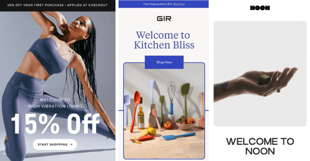 A side-by-side layout of three promotional ads:

Left: A woman in lavender activewear poses dynamically with text offering “15% Off” at High Vibration Living, with a button to start shopping.

Center: Kitchen utensils and ingredients are neatly arranged on a wooden surface with the text “Welcome to Kitchen Bliss” from the brand GIR and a “Shop Now” button.

Right: A hand holds a small cube in a minimalist setting, with the brand NOON and the caption “Welcome to NOON.”