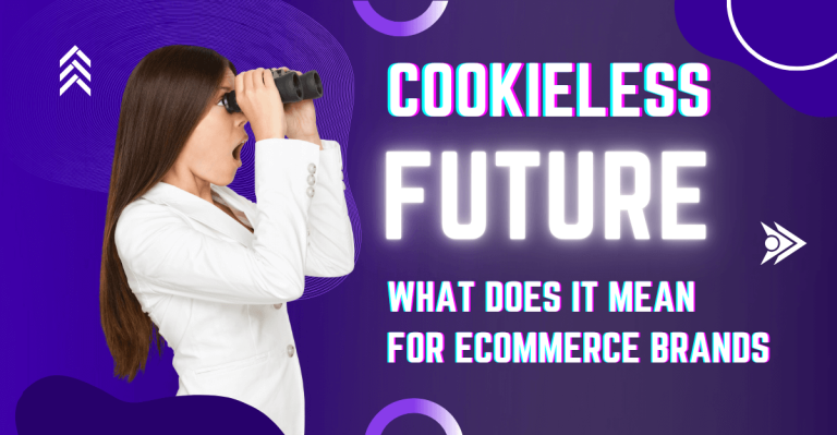 A surprised woman in a white blazer looking through binoculars on a futuristic purple background, beside bold text that reads “Cookieless Future – What does it mean for eCommerce brands.”