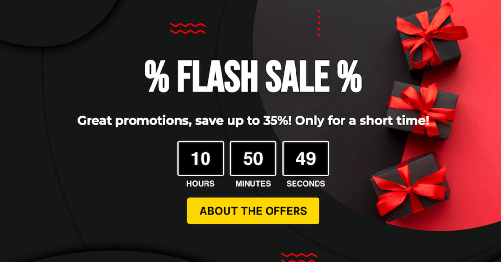 Black and red flash sale banner with a countdown timer showing 10 hours, 50 minutes, and 49 seconds remaining, promoting up to 35% discount and a yellow button that says “About the Offers.” Three black gift boxes with red bows are stacked on the right.