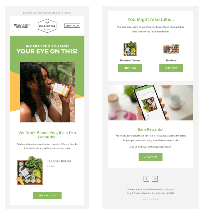 Email promotion from Pulp & Press Juice Co. showing a woman drinking juice with a headline that reads, “We noticed you had your eye on this!” promoting The Green Cleanse product. Includes sections for related product suggestions and a rewards program, aligning with eshop support strategies like retargeting and customer engagement.