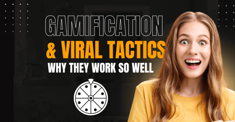 Excited woman in a yellow shirt next to bold text that reads “Gamification & Viral Tactics – Why They Work So Well,” with an icon of a prize wheel underneath, on a dark background with spotlight effect.