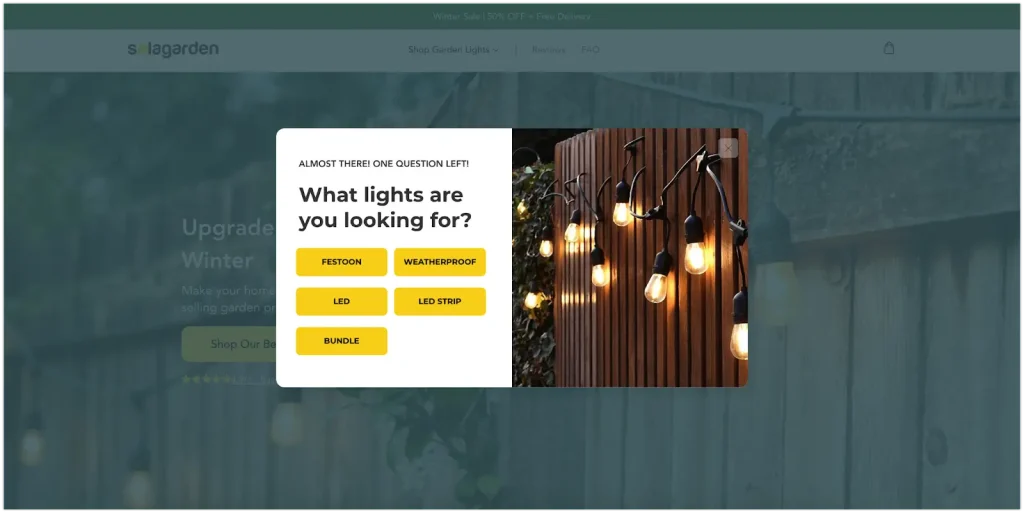 Website overlay popup asking, “What lights are you looking for?” with clickable yellow buttons labeled Festoon, Weatherproof, LED, LED Strip, and Bundle. A background image shows string lights hanging on a wooden fence.