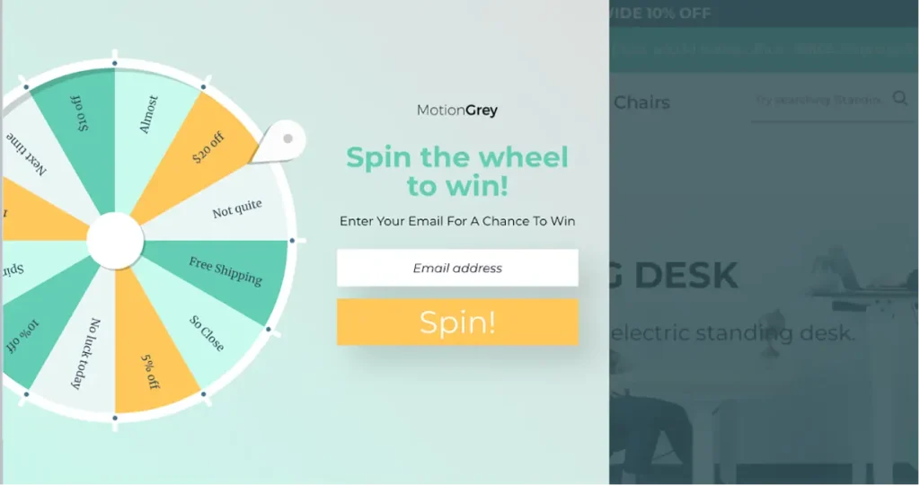 Spin-to-win email sign-up popup with a prize wheel offering discounts like $20 off, 10% off, and free shipping. The form invites users to enter their email for a chance to spin, with a yellow “Spin!” button below.