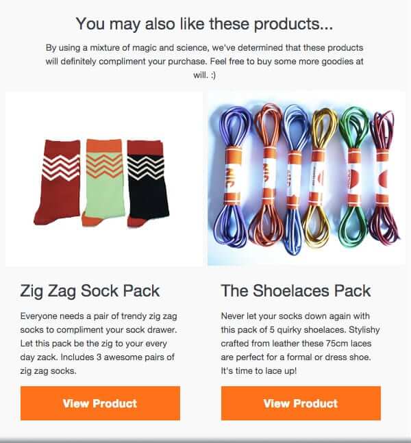Flat lay of colorful products on a white background, featuring three pairs of zig zag patterned socks in red, mint green, and black, and five neatly bundled shoelaces in purple, orange, white, yellow, and green. Each product is accompanied by a description and an orange “View Product” button.