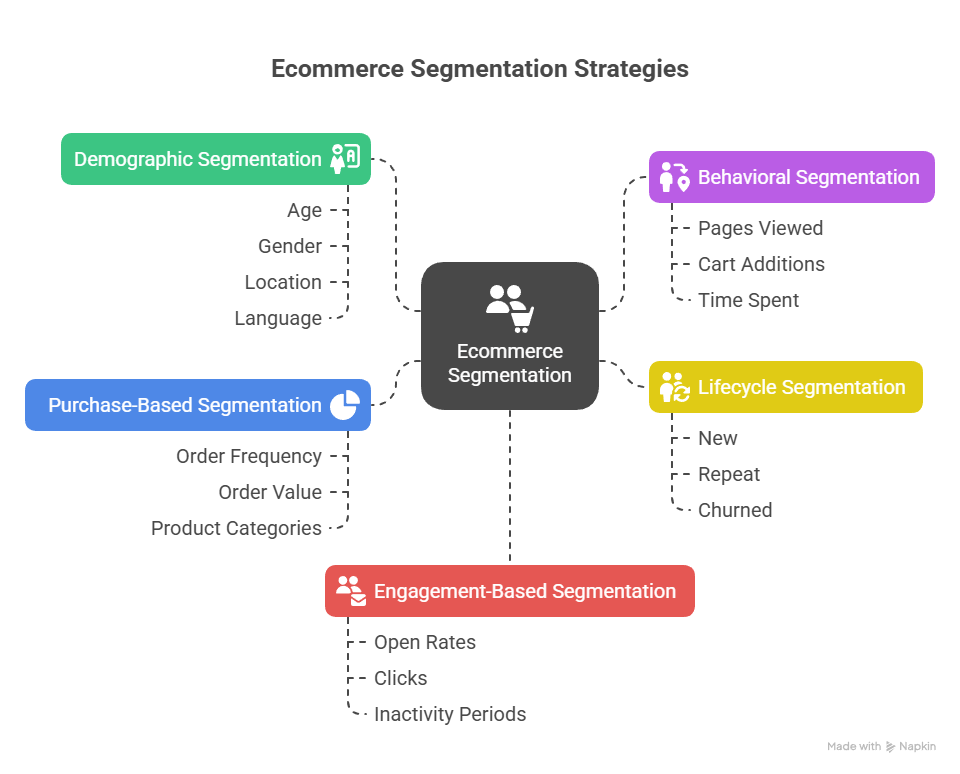 A mind map graphic showing six types of ecommerce segmentation: demographic, behavioral, lifecycle, engagement-based, and purchase-based. Each branch lists specific criteria like age, cart additions, order value, and email clicks, illustrating how brands can categorize customers.