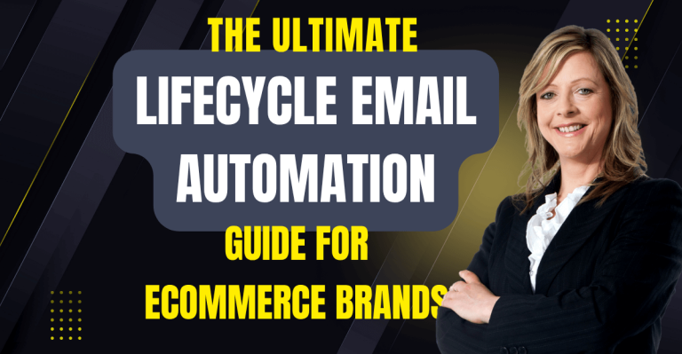 Promotional banner with a confident businesswoman smiling on the right and bold yellow and white text that reads “The Ultimate Lifecycle Email Automation Guide for Ecommerce Brands” on a dark geometric background.