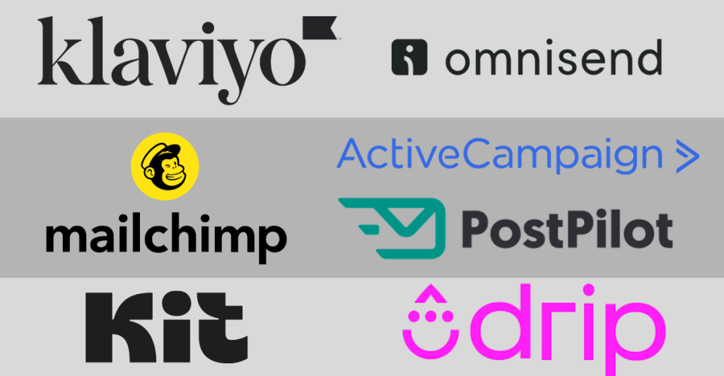 Collage of logos for popular email marketing and automation tools including Klaviyo, Omnisend, Mailchimp, ActiveCampaign, PostPilot, Kit, and Drip, arranged in horizontal bands with various background shades.