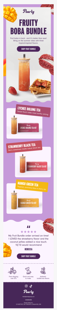 Tall promotional image for Pearly’s Fruity Boba Bundle, showcasing three tropical-inspired bubble tea kits: Lychee Oolong Tea, Strawberry Black Tea, and Mango Green Tea. Each kit includes a drink and boxed mix, with visuals of fresh ingredients like lychee, strawberries, and mango. A customer review praises the strawberry flavor and coconut jellies, alongside highlights for fast shipping, easy prep, and authentic taste.