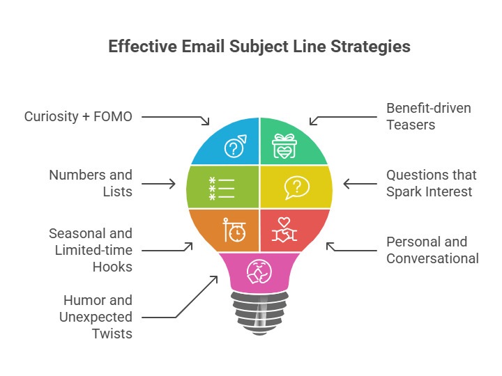 Illustration of a light bulb segmented into six colored sections, each representing an email subject line strategy: Curiosity and FOMO, Numbers and Lists, Seasonal and Limited-time Hooks, Humor and Unexpected Twists, Benefit-driven Teasers, Questions that Spark Interest, and Personal and Conversational.