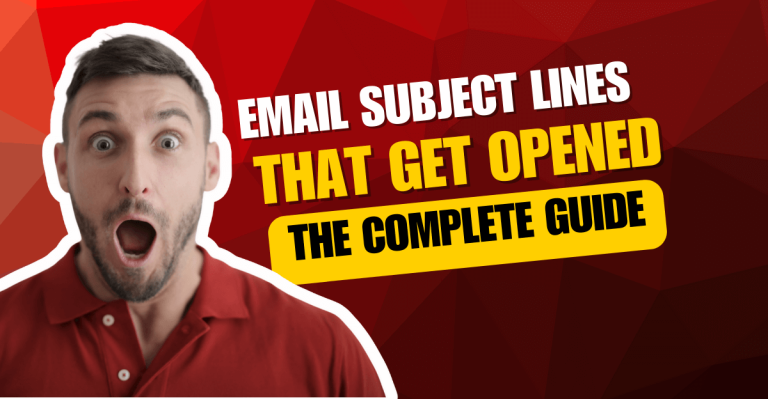 Graphic with a surprised man in a red shirt on a red geometric background, alongside bold white and yellow text that reads: “Email subject lines that get opened. The complete guide.”