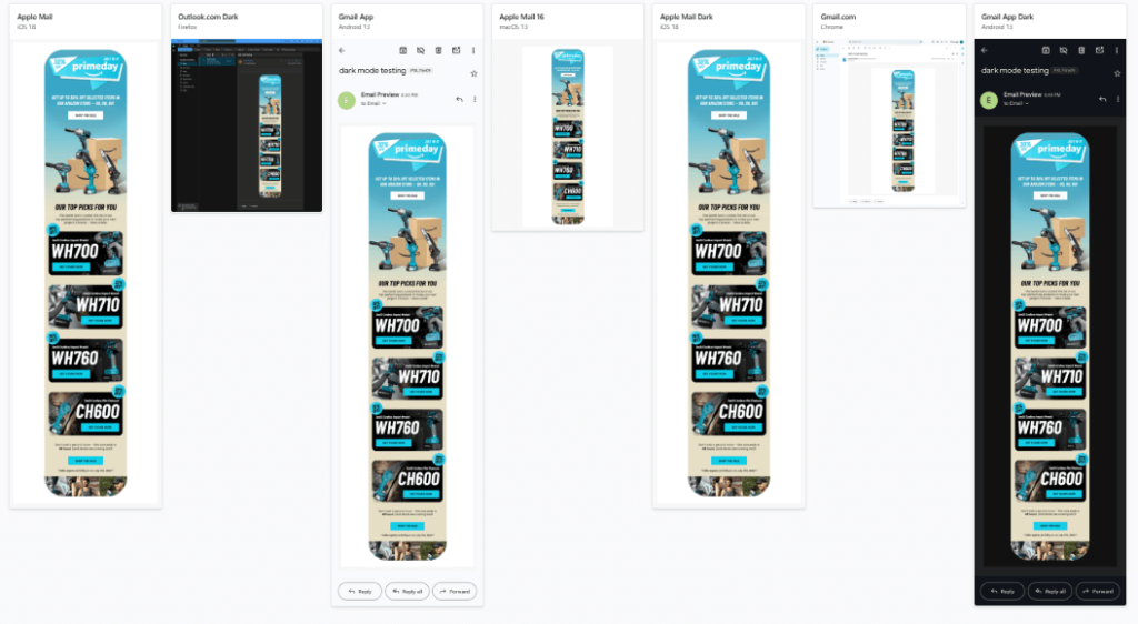 Email preview test across multiple devices and clients showing a promotional ecommerce campaign for Prime Day deals on power tools. The email highlights top product picks including models WH700, WH710, WH760, and CH600, with consistent design across light and dark modes in Apple Mail, Gmail, and Outlook.