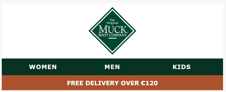 Top section of an email marketing design for ecommerce brand The Original Muck Boot Company. Features a green diamond logo, navigation links for Women, Men, and Kids, and a bold banner offering free delivery on orders over €120.