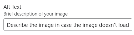 This image shows a user interface prompt for adding alternative text to an image. It includes a label that reads “Alt Text” with a description underneath saying “Brief description of your image,” followed by an input field with placeholder text: “Describe the image in case the image doesn't load.”