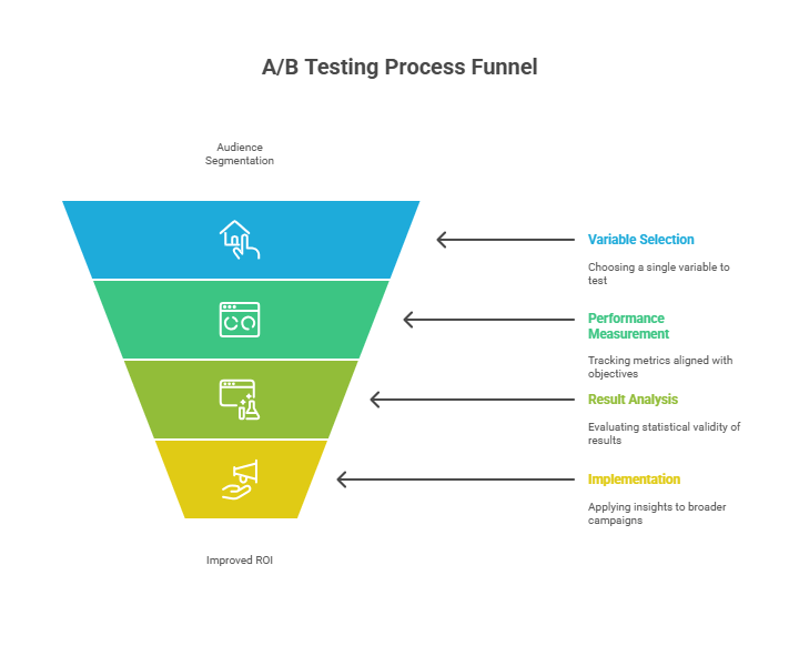 Funnel diagram titled "A/B Testing Process Funnel" used by an email marketing agency to guide campaign optimization. It highlights steps like variable selection, performance measurement, result analysis, and implementation to improve ROI.