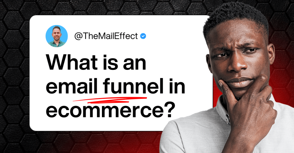 A graphic featuring a tweet-style question from @TheMailEffect asking, "What is an email funnel in ecommerce?" next to a man with a thoughtful expression. The image introduces the concept often explained by an email marketing agency for ecommerce brands.