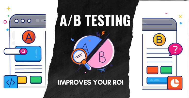 Illustration showing an A/B testing concept used by an email marketing agency, featuring two mobile screens labeled A and B. The center graphic includes a split pie chart with a magnifying glass and lightning bolts, emphasizing how A/B testing improves ROI.