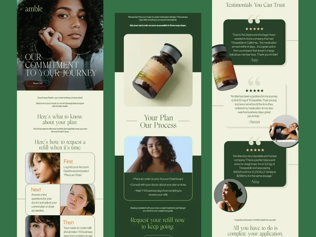 Elegant email marketing newsletter design for Amble Health, featuring a modern layout with earthy tones and sections explaining a monthly Semaglutide refill plan. Includes step-by-step refill instructions, product imagery, a breakdown of the order process, and testimonials from users praising affordability and delivery speed.