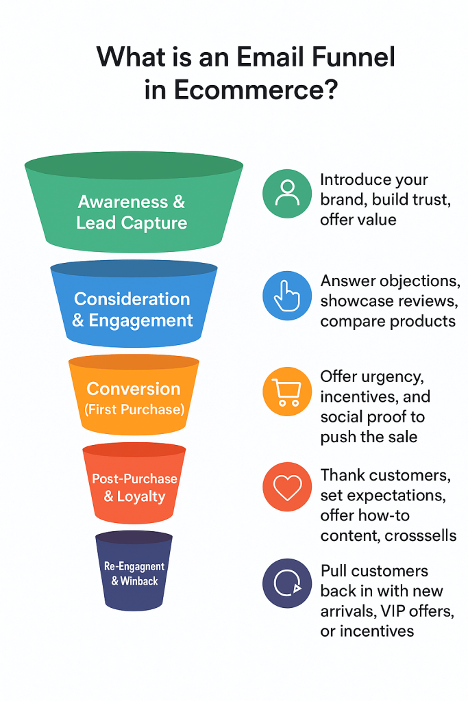 A colorful funnel diagram explaining the stages of an email funnel used by an email marketing agency for ecommerce brands, from awareness and lead capture to re-engagement and winback. Each funnel stage includes strategic actions like building trust, offering incentives, and pulling customers back with targeted content.